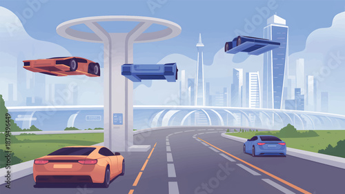 Futuristic highway with flying cars and cityscape road