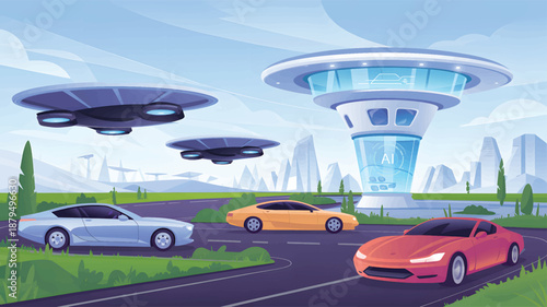 Futuristic cityscape with flying saucers and cars on road AI tower