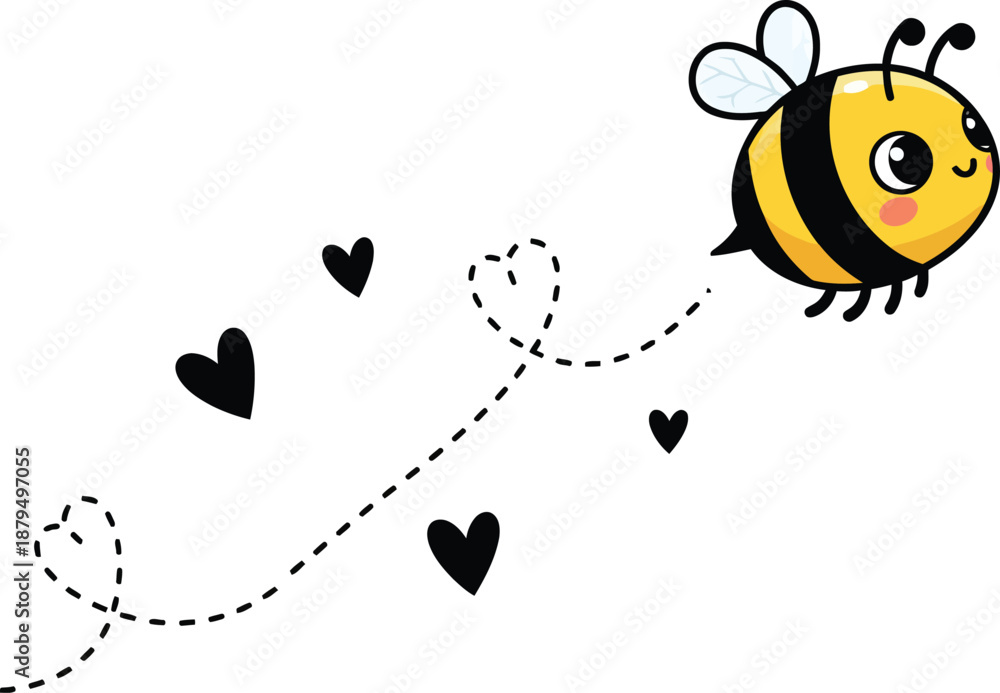 Fototapeta premium Cartoon bee icon set. Bee flying on a dotted route isolated on the white background. Vector illustration. Cute Bee Illustration with Heart Flight Path Love and Nature Concept.