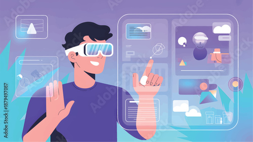 Man wearing virtual reality goggles interacting with digital interface VR goggles futuristic