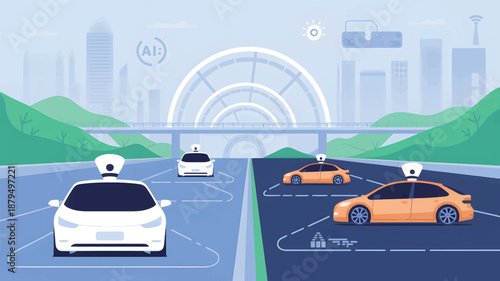 Autonomous vehicles driving on road with cityscape and green hills self-driving cars