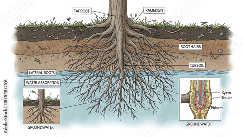 Diagram of a tree root system with labeled parts and groundwater taproot palisade root hairs subsoil