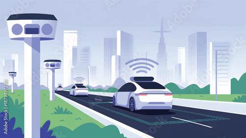 Autonomous vehicles driving on a highway with cityscape and sensor towers, self-driving cars