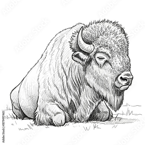 Bison resting in grass, hand-drawn sketch illustration