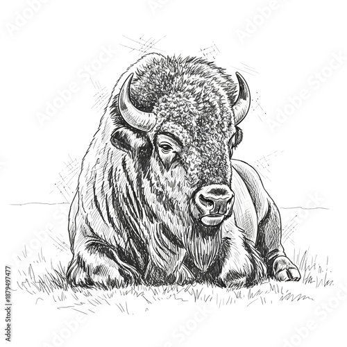Bison resting in grass, hand-drawn sketch illustration