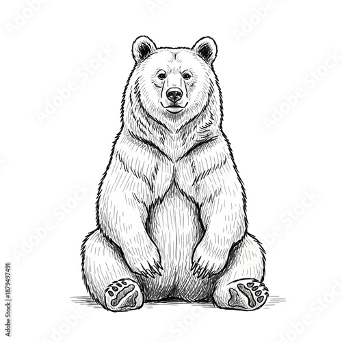 Black and white illustration of a sitting bear, ink drawing