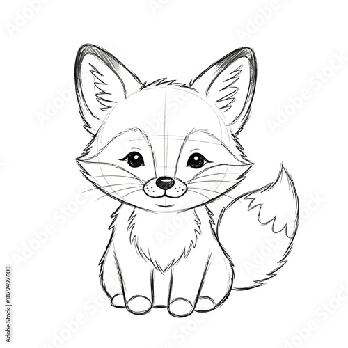Cute fox sketch, cartoon style, black and white, simple line art, adorable animal drawing
