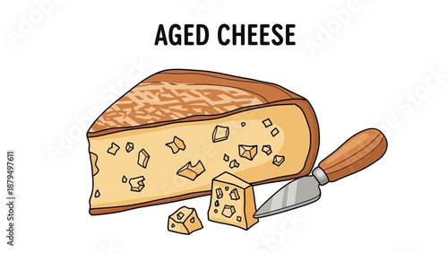 Aged cheese wedge with knife illustration