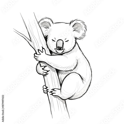 Cute koala bear hugging tree trunk, sketch art, black and white drawing, Australian wildlife