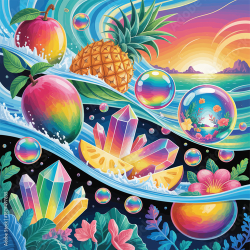 Sunset Wave Vector Art with Swirling Clouds and Gradient Ocean Colors in a Stylized, Vibrant, Surreal Coastal Seascape Composition