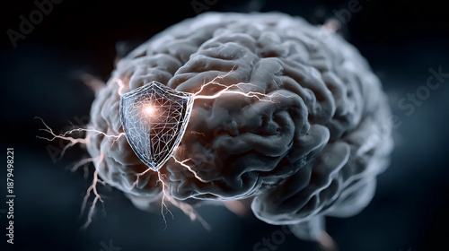 Brain Protection Concept, Cognitive Security Shield, Neurological Defense System
