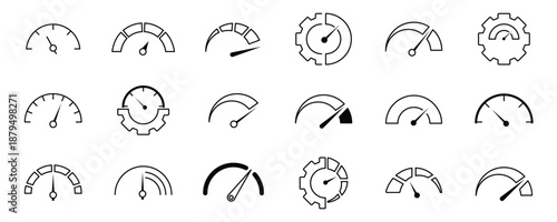 Speedometer icon. Speed indicator icon flat line set. Feedback Rating meter performance concept Dashboard level scale vector for apps Fast speed sign low and high barometers, gauge, score progress