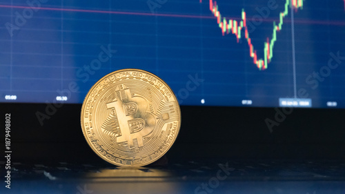 Closeup BTC Coin graph Finance trading Crypto currency, Bitcoin on laptop chart 