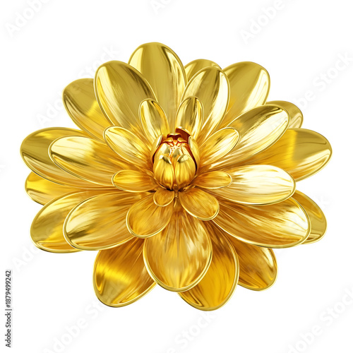 Golden metallic flower illustration with shiny petals on transparent background