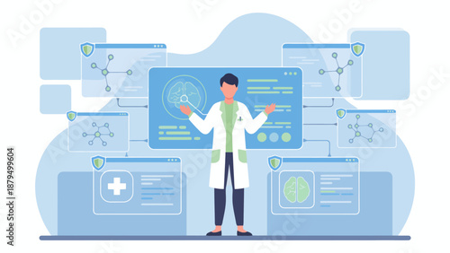 A doctor or scientist analyzing medical data and brain scans on multiple digital screens, representing healthcare technology and AI.