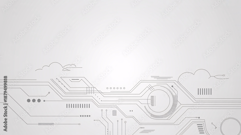 Obraz premium Futuristic circuit board design with clouds and abstract tech elements