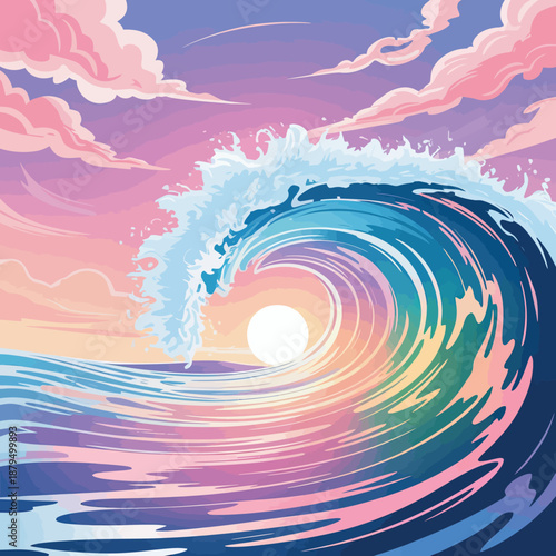 Radiant Ocean Wave Vector with Sunset Glow, Swirling Clouds, and Vivid Reflections in a Stylized Coastal Nature Composition.