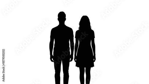 Couple Silhouette Standing Together, Man and Woman Side by Side, Isolated on White Background