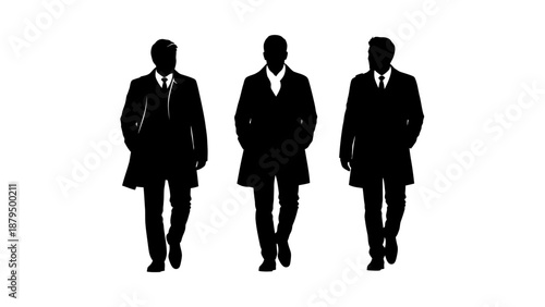 Silhouette of Three Stylish Men in Coats Walking Together
