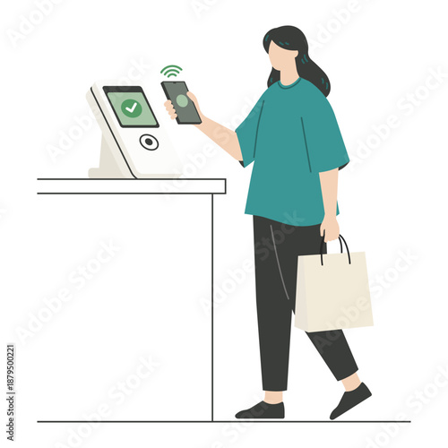 マートフォンでタッチ決済をする女性とレジカウンターの背景イラスト
