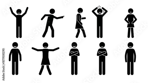 Diverse Stick Figure Poses Expressing Various Emotions and Actions, Vector Illustration