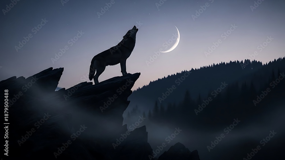 Fototapeta Lone wolf howls at crescent moon in misty mountain landscape