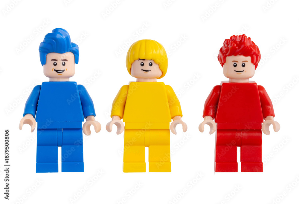Obraz premium Dortmund - Deutschland 16. Januar 2026 Lego Minifiguren in den Farben blau, gelb und rot- Studio Aufnahme
