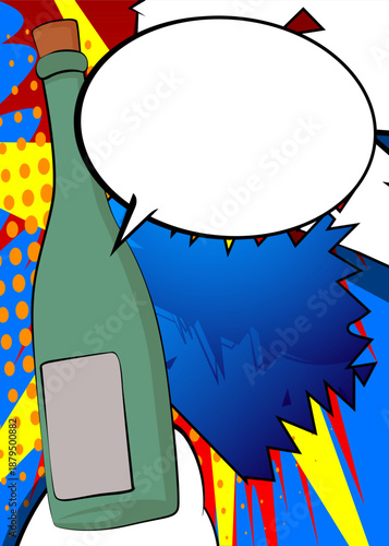 Cartoon glass bottle with blank speech bubble, comic book drink background. Retro vector comics pop art design.