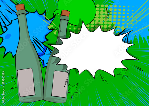 Cartoon glass bottle with blank speech bubble, comic book drink background. Retro vector comics pop art design.