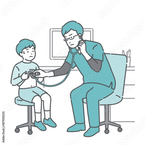 聴診を受ける冷や汗をかいた男の子と深刻な表情の医師のイラスト