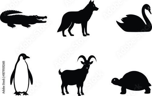 Animal silhouettes, black vector icons, crocodile, wolf, swan, penguin, goat, tortoise, side view, isolated, clean design, wildlife, reptile