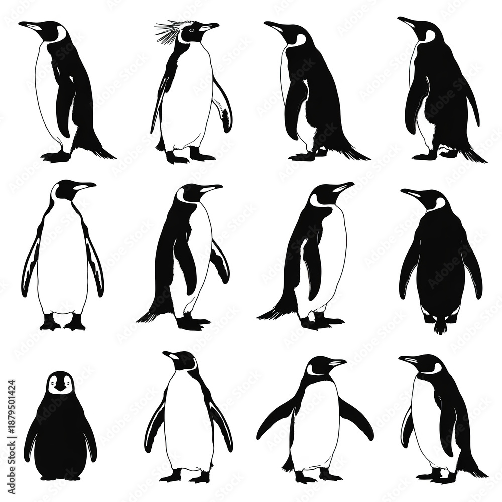 Obraz premium Penguin Wildlife Photos and Cartoon Character Illustrations Set Cute Antarctic Bird Graphics and Black White Silhouettes