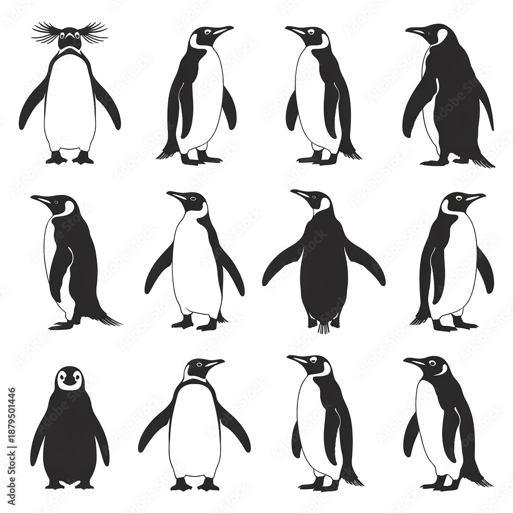 Obraz premium Penguin Wildlife Photos and Cartoon Character Illustrations Set Cute Antarctic Bird Graphics and Black White Silhouettes