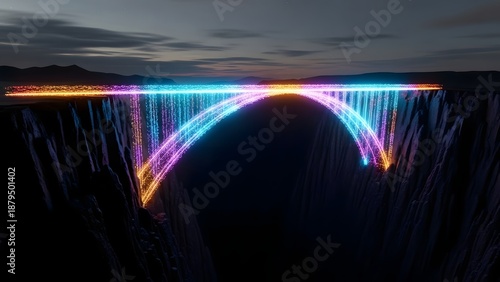 A luminous arch of digital stardust spans a treacherous abyss, serving as a powerful visual metaphor for innovation bridging the gap between the impossible and reality in a connected future
