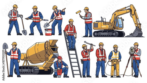 Construction Workers and Heavy Machinery Collection in Vector Art Style