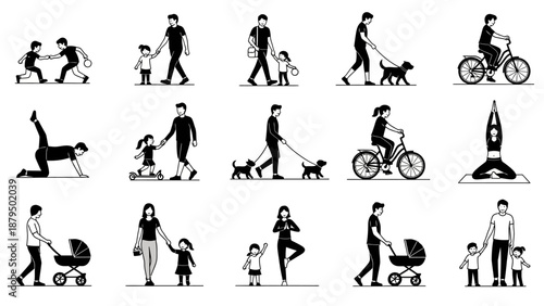 Diverse Family Activities: People Walking, Exercising, and Cycling Together