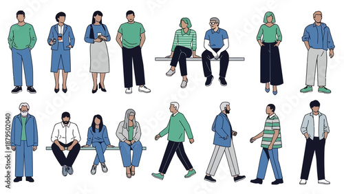 Diverse Group of People Posing and Walking in a Stylized Flat Illustration