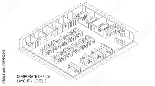 Detailed corporate office floor plan with cubicles and meeting rooms