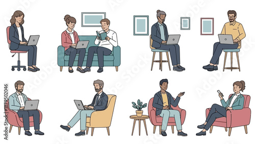 Diverse People Working and Relaxing with Laptops and Books in Modern and Home Settings