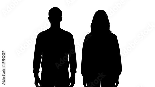 Couple Silhouette Standing Together, Facing Forward Against White Background, Side Profile
