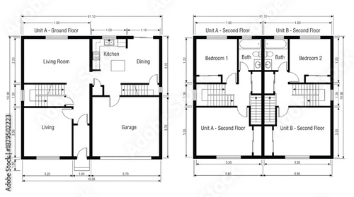 Detailed floor plan of modern two-unit residential building