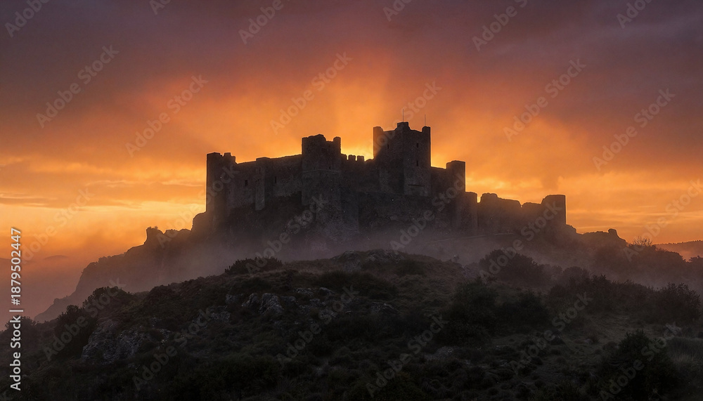 Obraz premium Ancient castle silhouette at sunset with dramatic sky and mist on Bastille Day