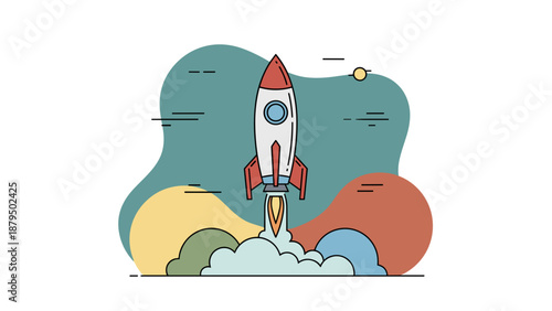 Colorful illustration of a rocket ship taking off into space with flames.