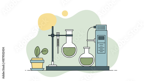 Scientific Laboratory Equipment with Beakers and Plant for Experiments.