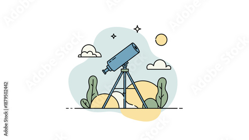 Illustration of a blue telescope on a tripod for astronomical observation.