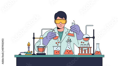 Scientist in Laboratory Conducting Chemical Experiments with Glassware and Liquids.
