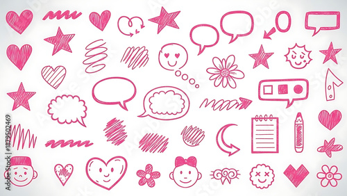 Collection of pink icons and symbols on white background resembling Whisk_ba260114ede1c1fb4c7499a3b940f570dr.png doodles and emojis