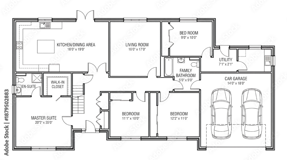 Fototapeta Modern home floor plan with car garage and three bedrooms