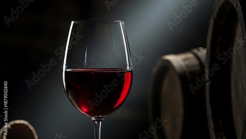 Elegant glass of red wine in a dimly lit cellar setting