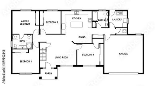 Modern four bedroom house floor plan with garage